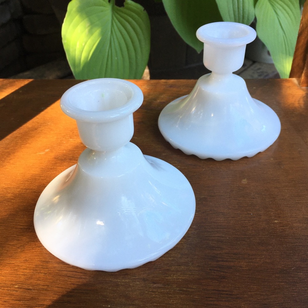 Vintage milk glass candlesticks w/ scalloped base